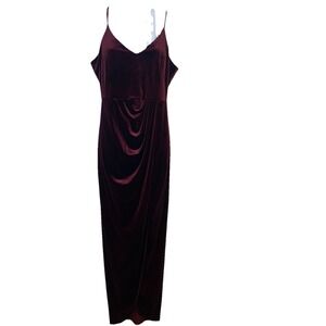 Ababalaya Burgendy Velvet Maxi Sleeveless Dress Large Ruched High Slit Holiday